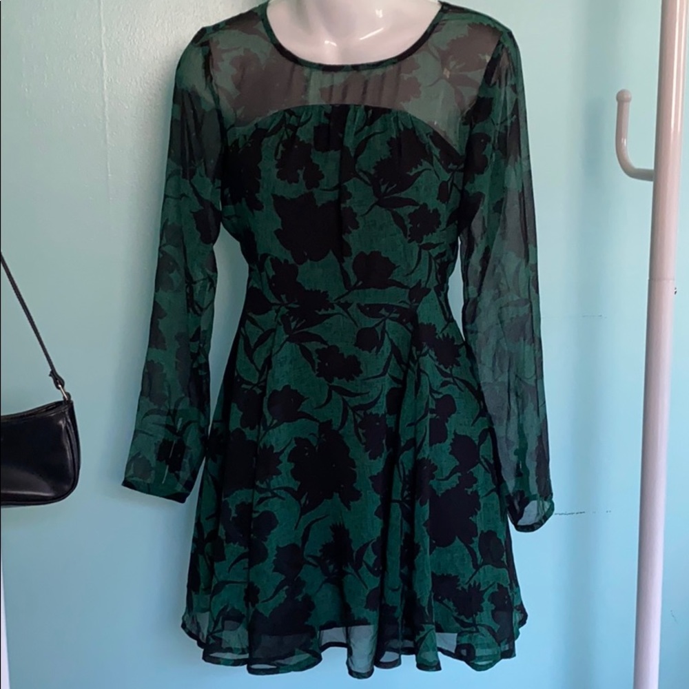 Sugar Lips Green Sheer Black Floral Dress